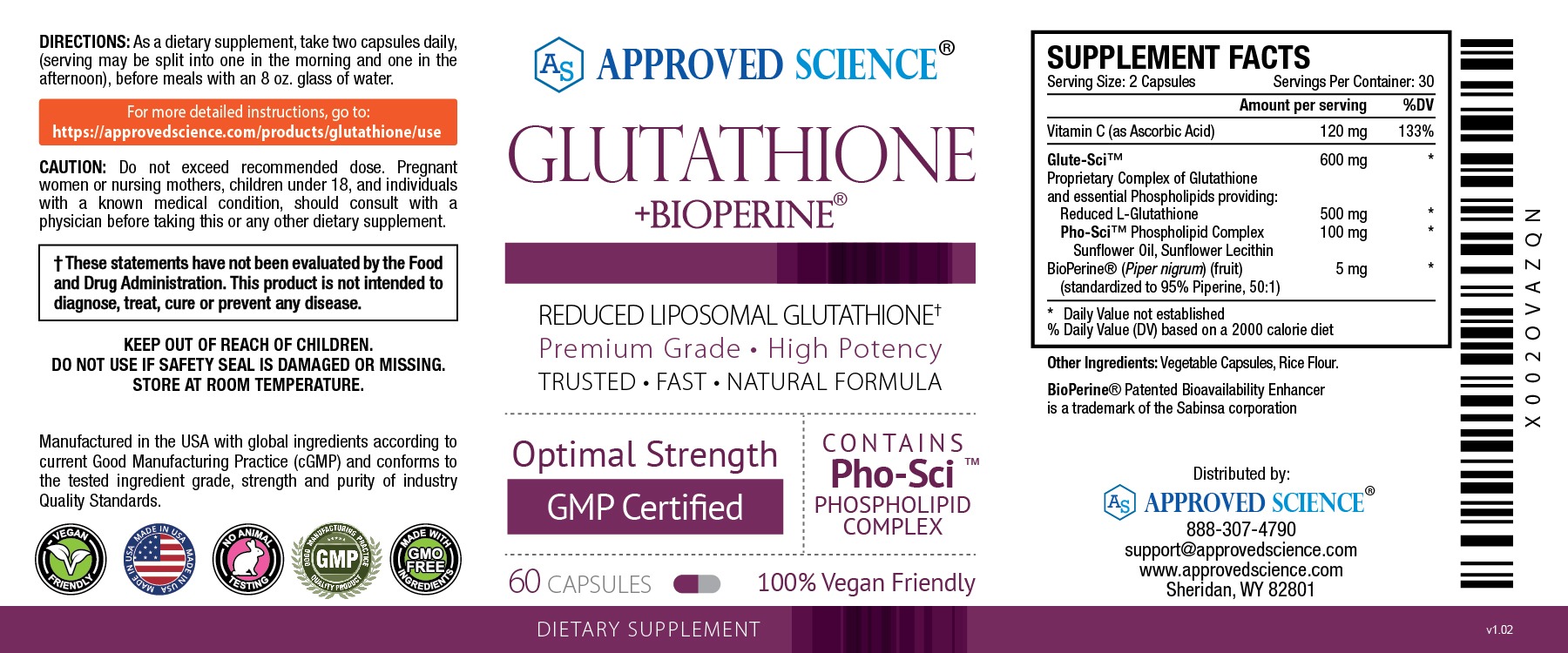 Approved Science Glutathione supplement label with reduced L-glutathione and Pho-Sci phospholipid complex details.