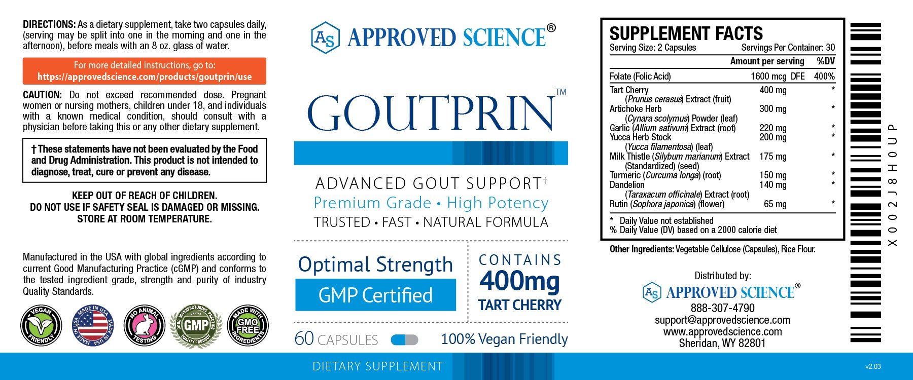 GOUTPRIN dietary supplement label with directions, supplement facts, and details for rapid gout relief and future attack support.
