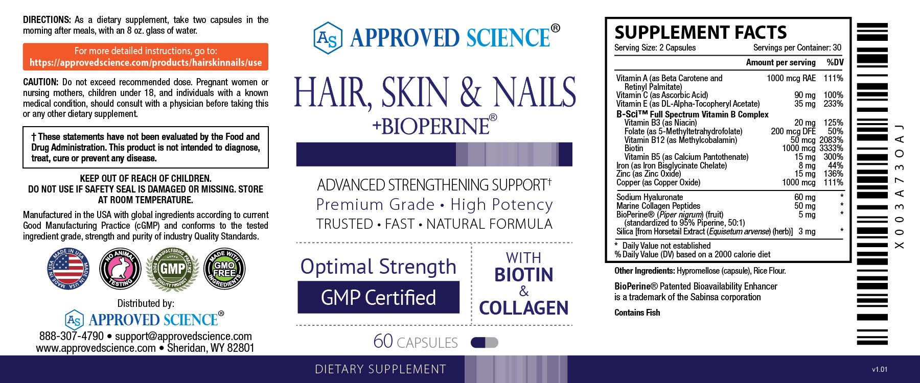 Approved Science Hair, Skin & Nails supplement label featuring marine collagen, biotin, vitamins, and supplement facts.
