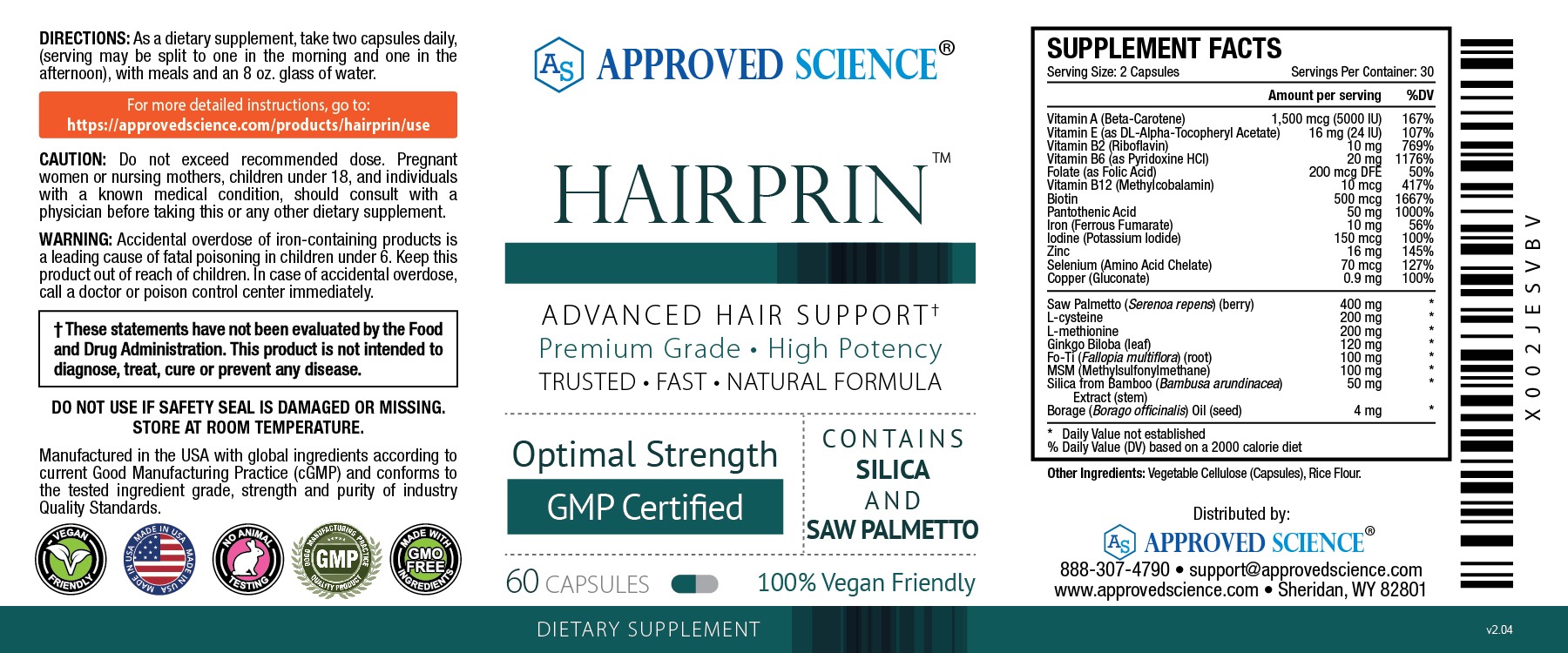 Hairprin by Approved Science supplement label showing directions, supplement facts, and rapid hair loss prevention ingredients.