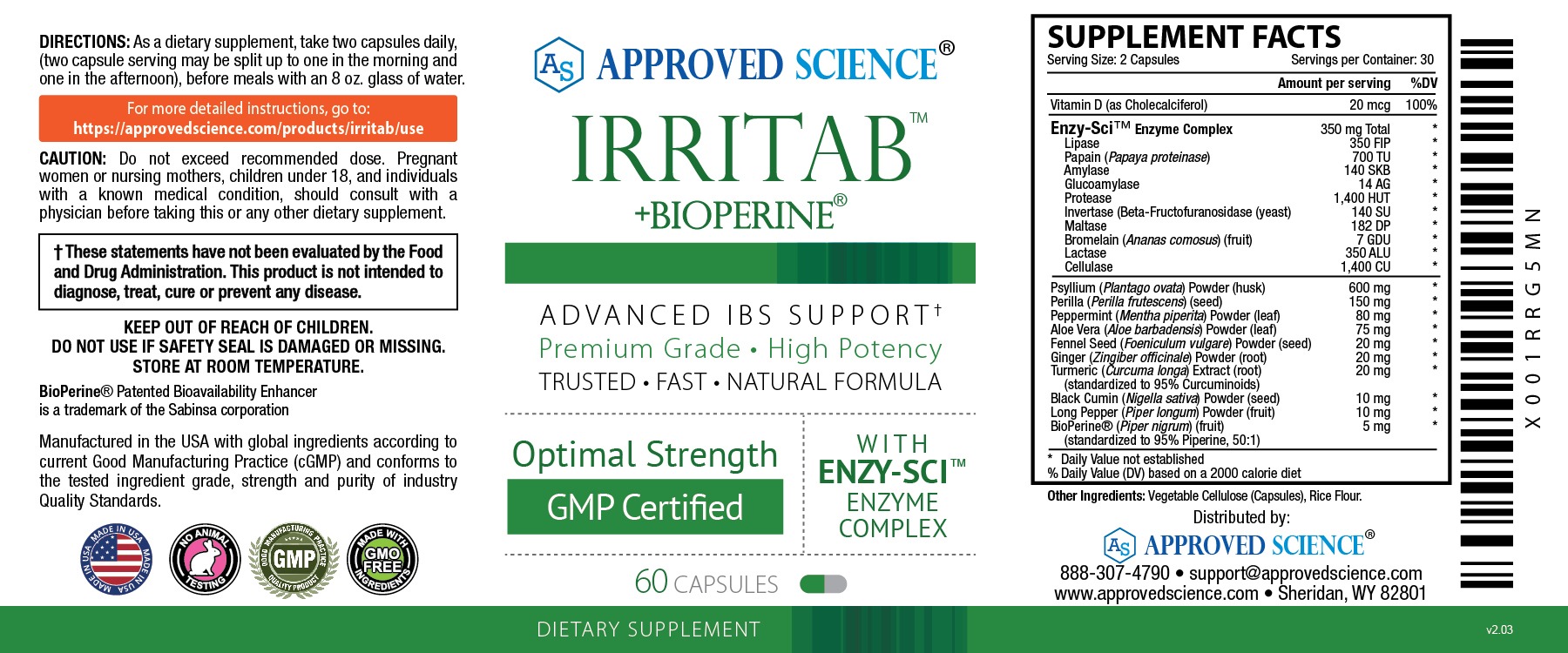 Approved Science Irritab supplement label promoting advanced IBS support for rapid IBS relief and future symptom prevention.
