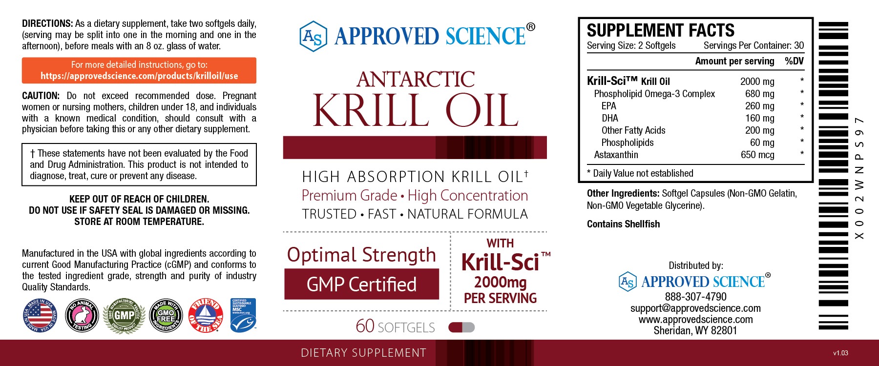 Approved Science Antarctic Krill Oil label with supplement facts, directions, GMP certification, and natural astaxanthin details.