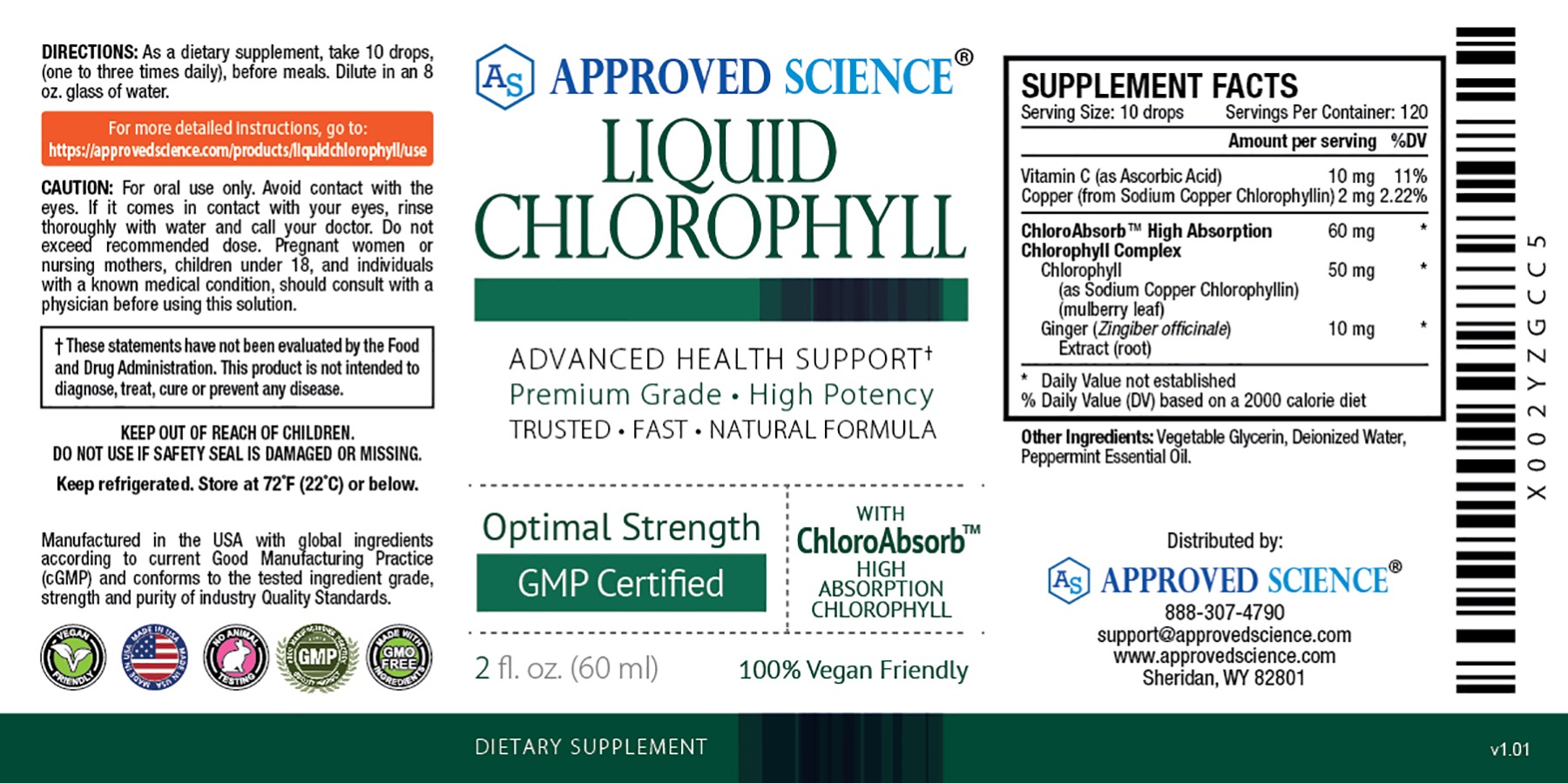 Approved Science Liquid Chlorophyll label showing supplement facts, high-absorption chlorophyll complex, and usage directions.