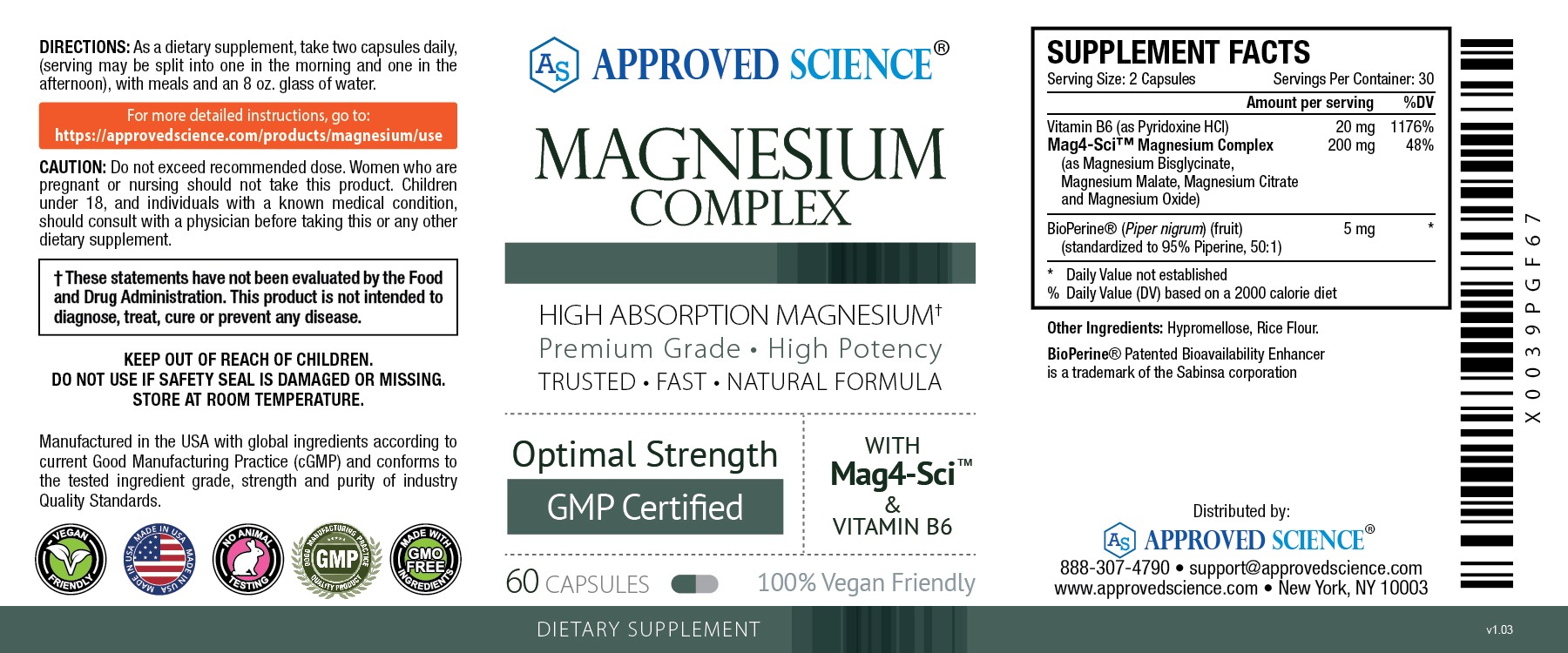 Approved Science Magnesium Complex supplement label featuring 4x magnesium blend, vitamin B6 and BioPerine for high absorption.