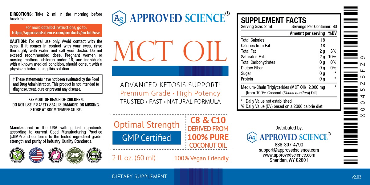 Approved Science MCT Oil label showing supplement facts, keto support claims, vegan and GMO-free icons, and directions for use.