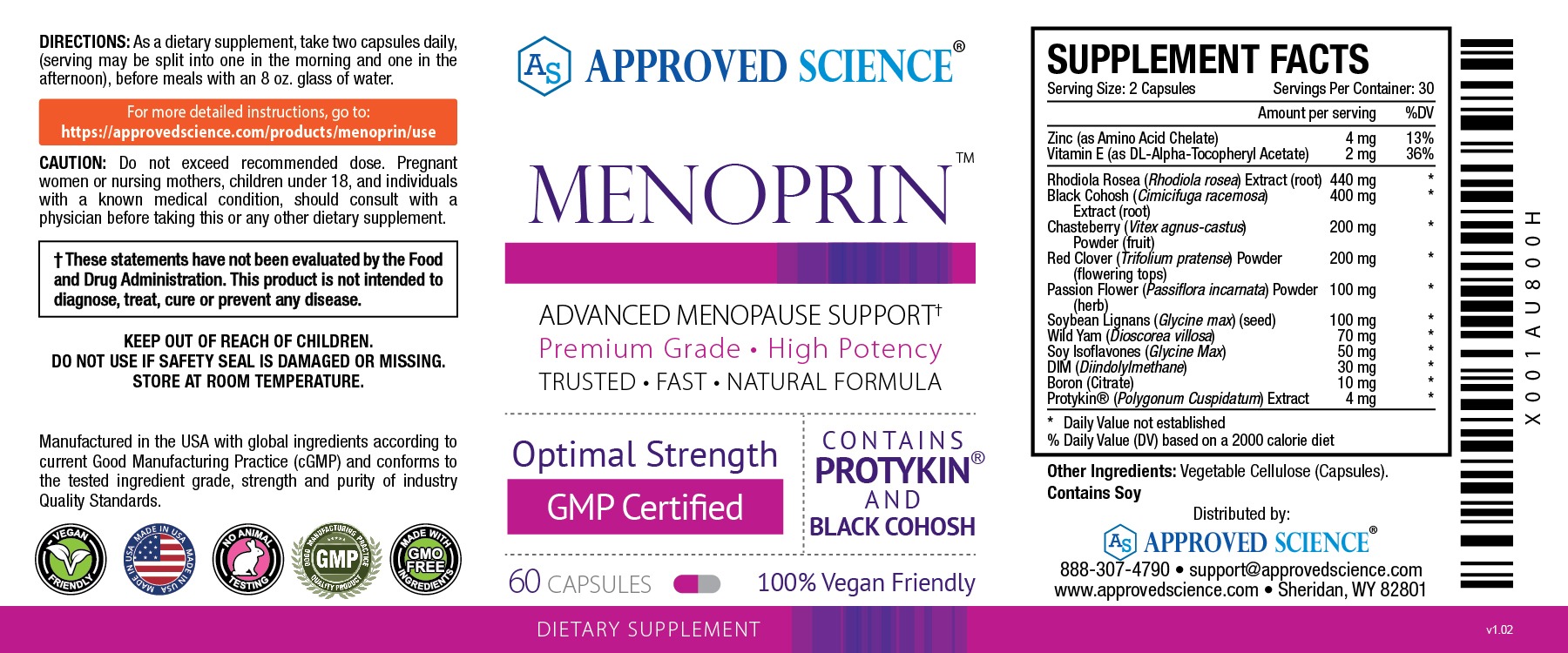 Menoprin supplement label for advanced menopause support, featuring ingredients, dosage, certifications, and product details.