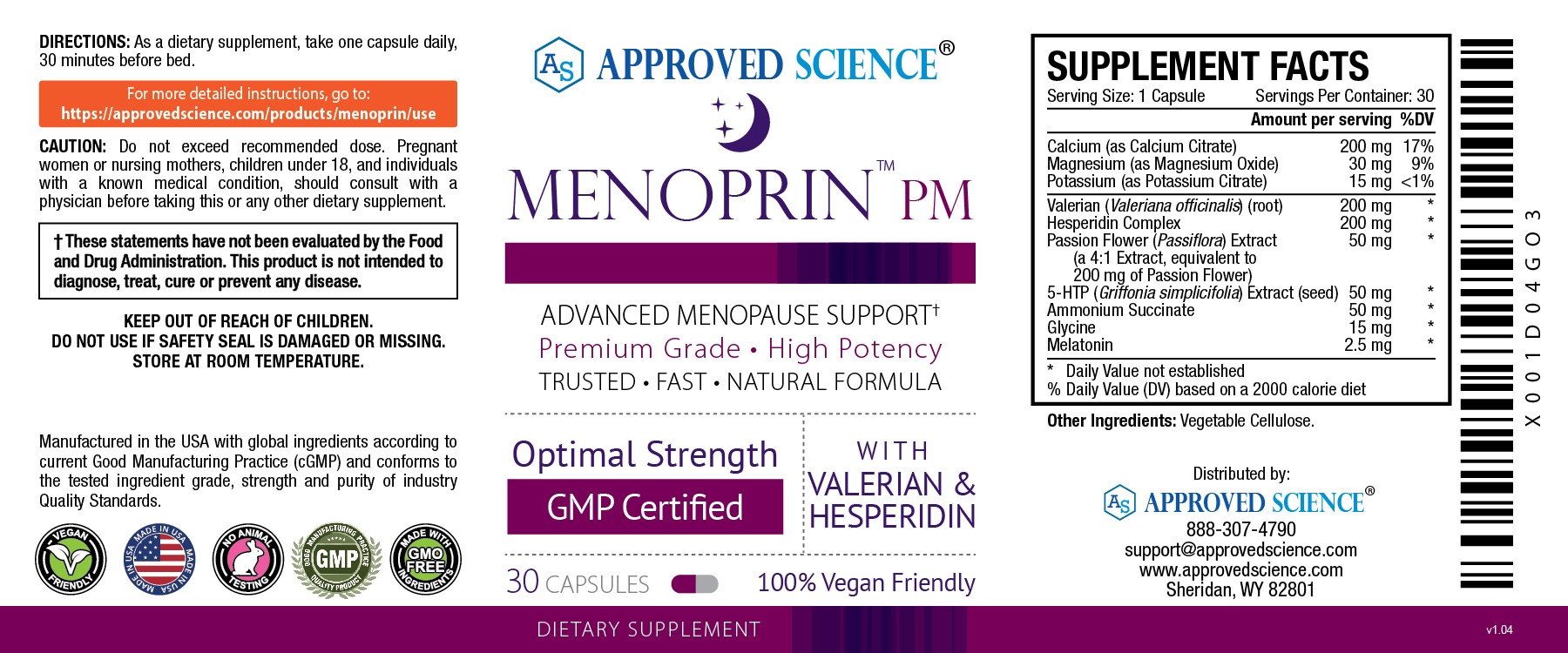Menoprin PM supplement label showing advanced menopause support for balanced hormones with valerian and hesperidin.