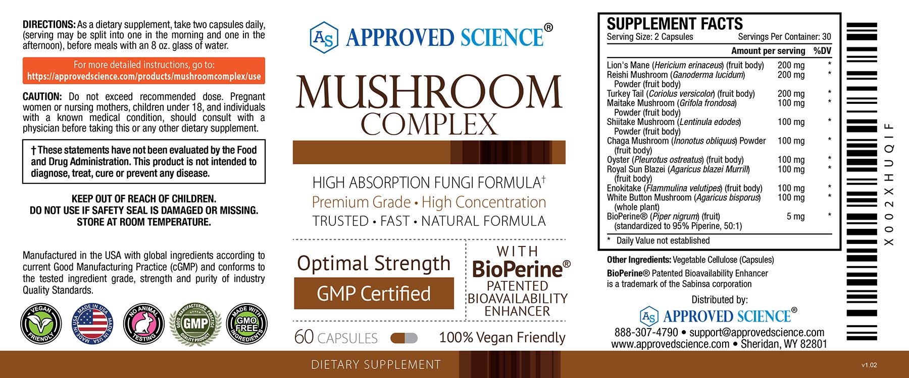 Supplement label for Approved Science Mushroom Complex showing directions, ingredient list of 10 mushrooms, and product benefits.
