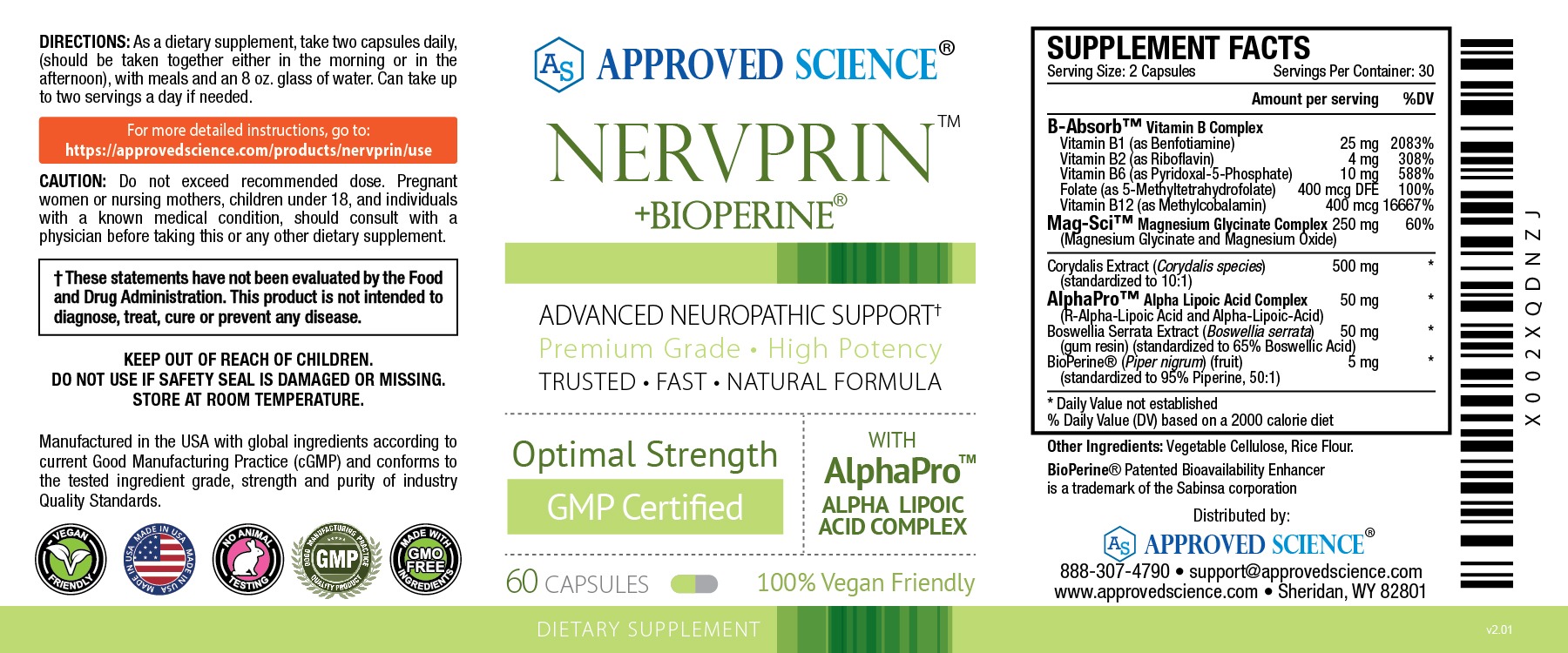Nervprin Advanced Formula label with supplement facts, directions, neuropathic relief claims, and GMP, vegan, GMO-free certifications.