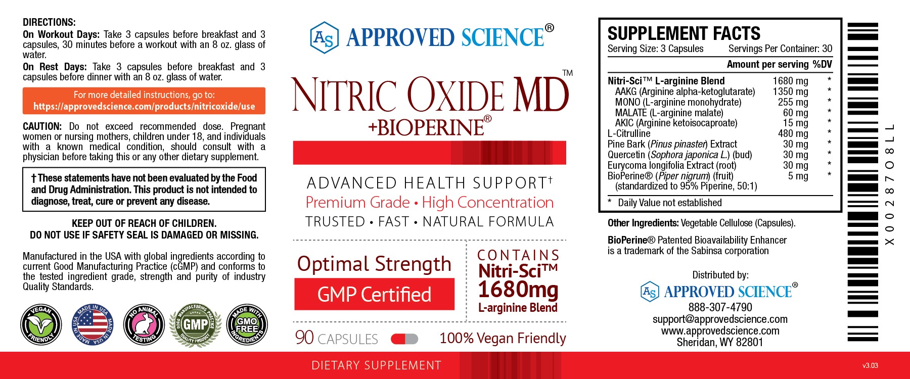 Nitric Oxide MD supplement label showing directions, ingredients, Nitri-Sci L-arginine blend, and GMP certification.