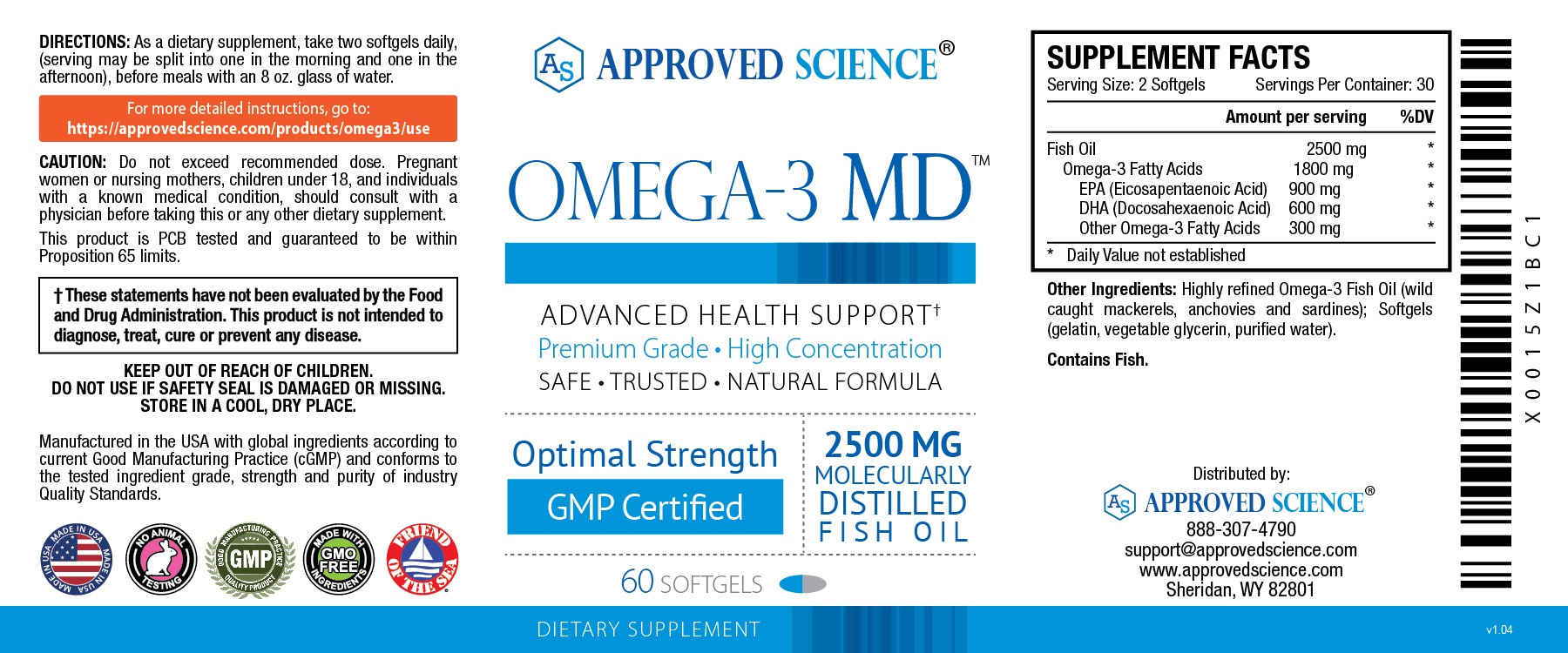 Approved Science Omega-3 MD supplement label with dosage, supplement facts, optimal strength, and ingredient details.