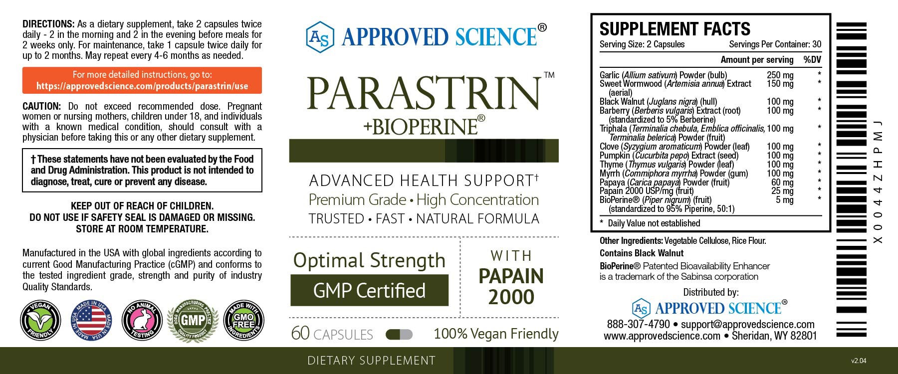 Approved Science Parastrin supplement label showing directions, supplement facts, and fast-acting parasite cleanse benefits for gut health.