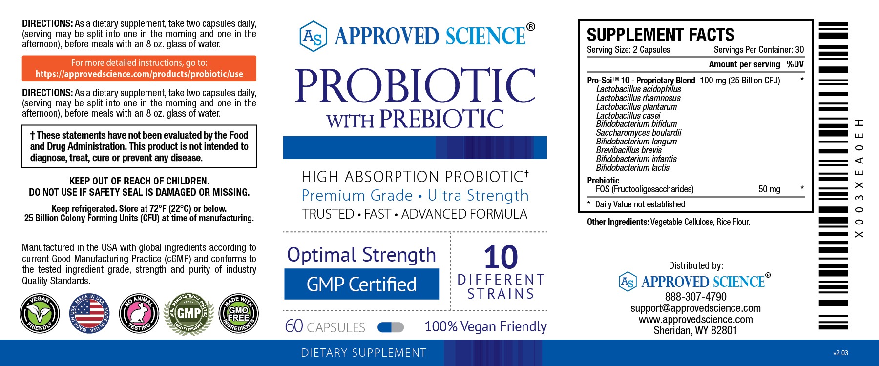 Approved Science probiotic label showing 10-strain vegan probiotic with prebiotic, 25 billion CFU, supplement facts, and directions.