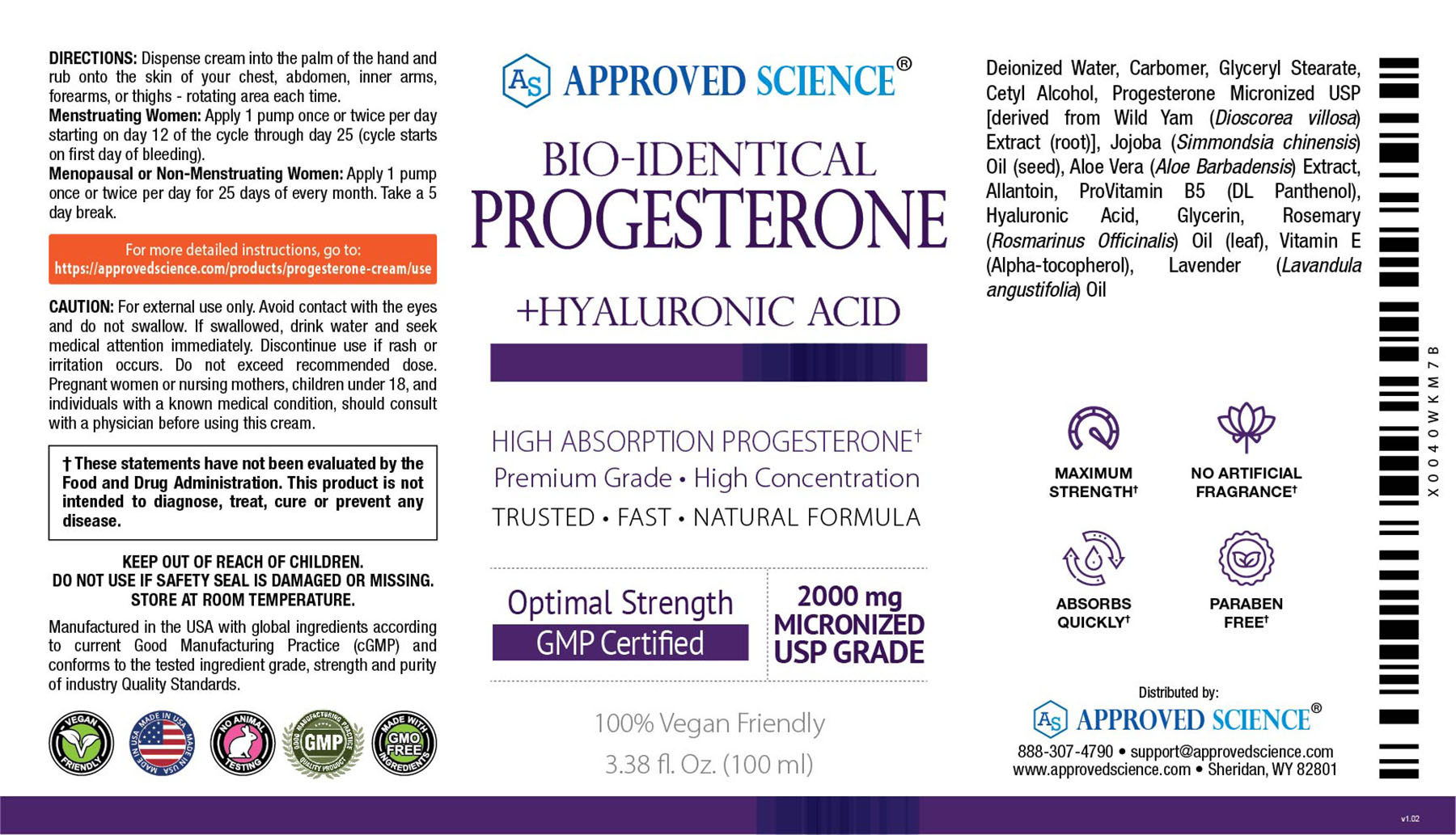 Approved Science bio-identical progesterone cream label showing hyaluronic acid, key benefits, usage directions, and ingredients.