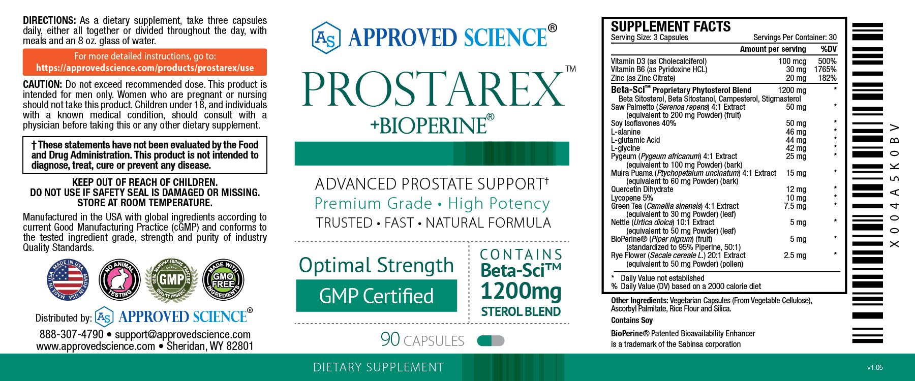 Prostarex supplement label detailing advanced prostate support formula, ingredients, directions, and manufacturer information.