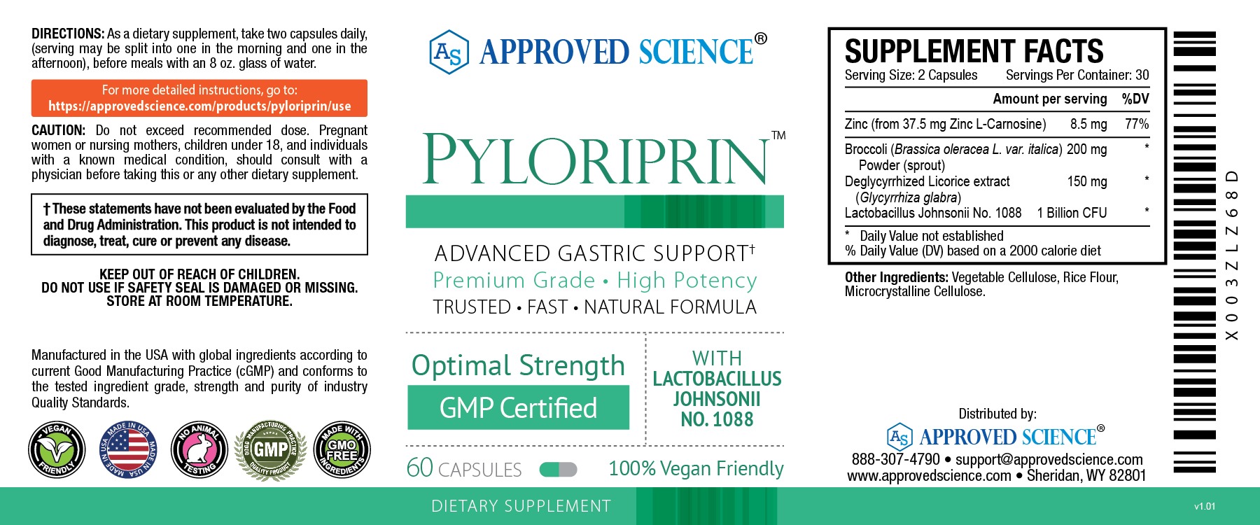 Pyloriprin gastric support supplement label with ingredients for gut health and H. pylori protection.