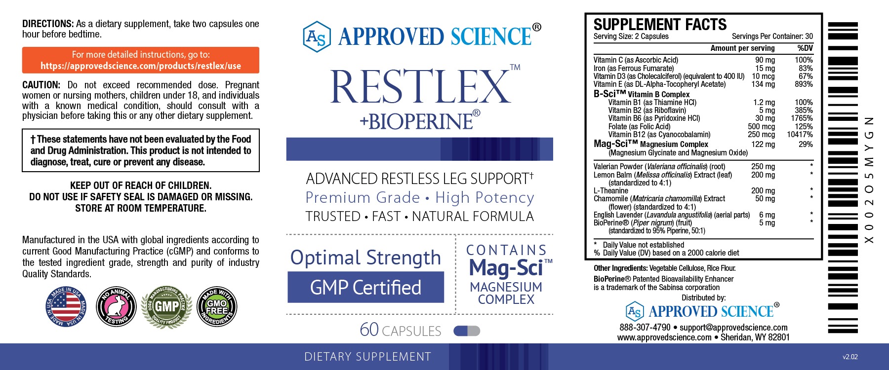 Approved Science Restlex supplement label promoting fast and effective soothing relief from restless leg syndrome.