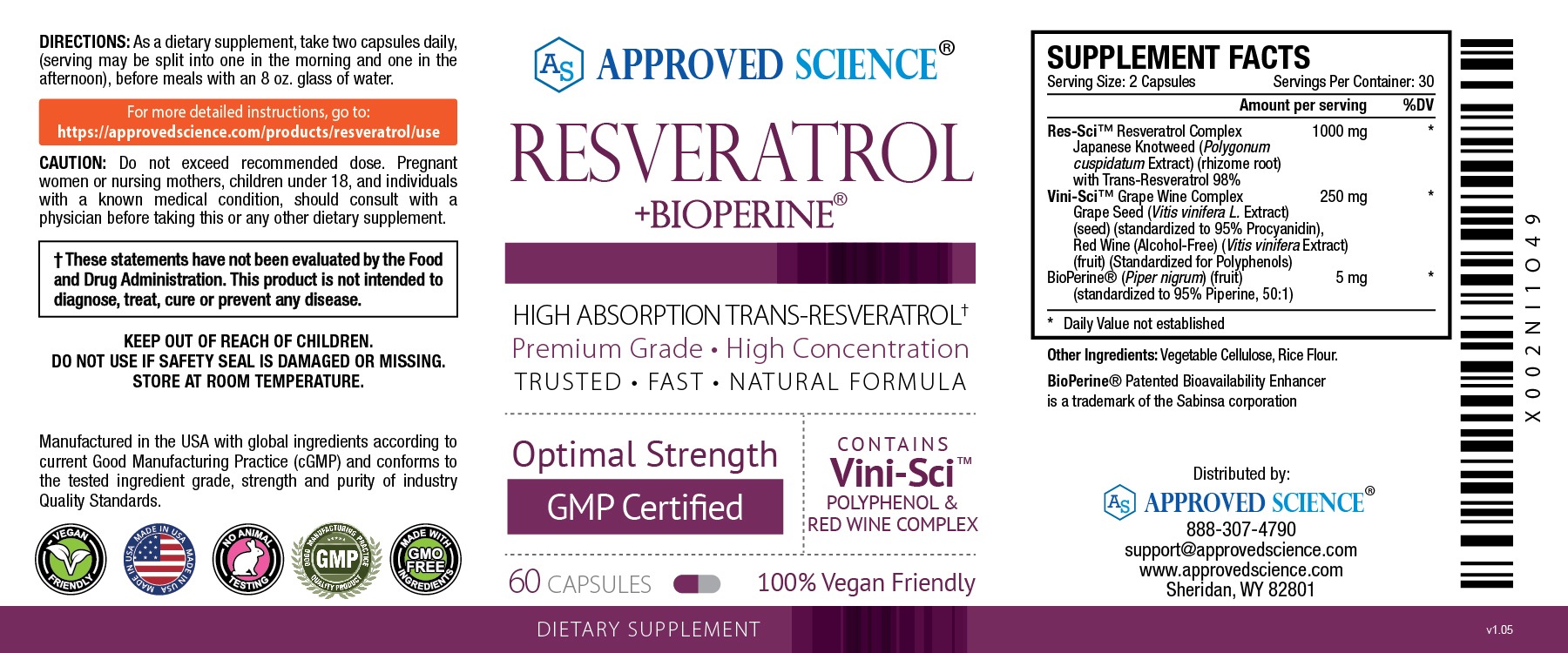 Approved Science Resveratrol + BioPerine supplement label, featuring 98% trans-resveratrol, polyphenols, and antioxidant support.