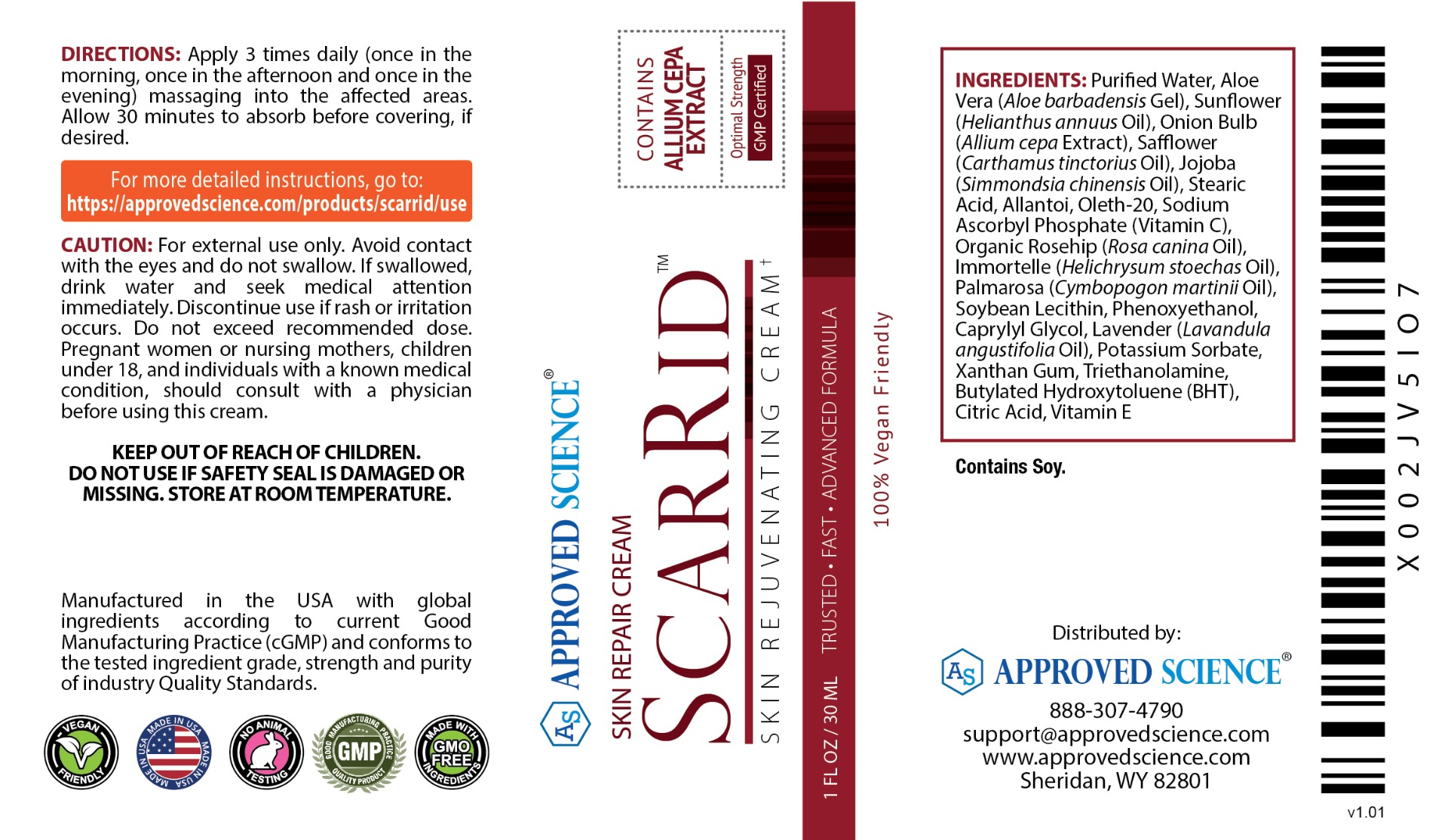 ScarRid skin repair cream label with usage directions, cautions, ingredients, and vegan, GMO-free, cruelty-free certifications.