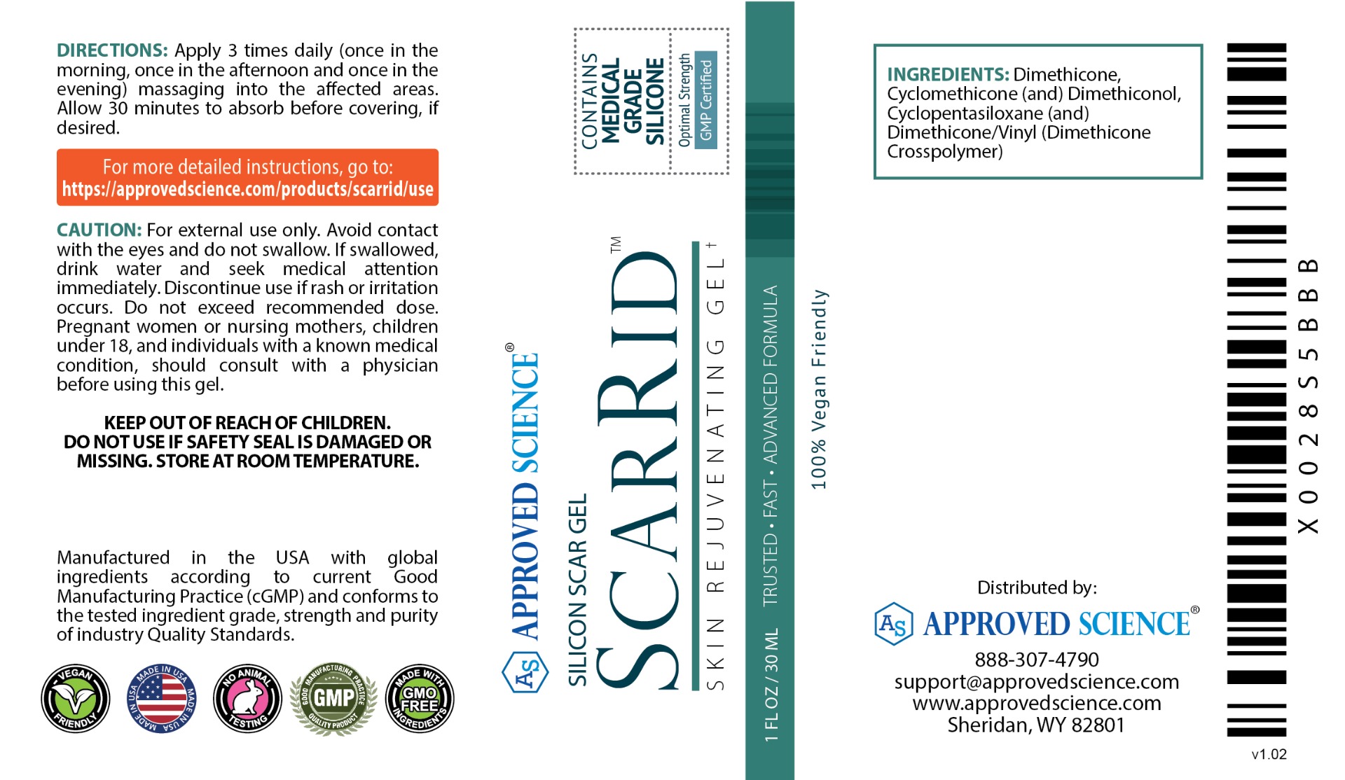 Approved Science SCARRID silicon scar gel label with directions, cautions, ingredients, and skin repair and scar removal claims.