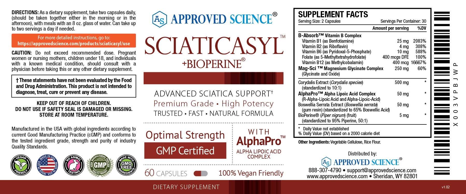 Sciaticasyl with BioPerine label highlighting advanced sciatica support, supplement facts, vegan capsules, GMP certification.