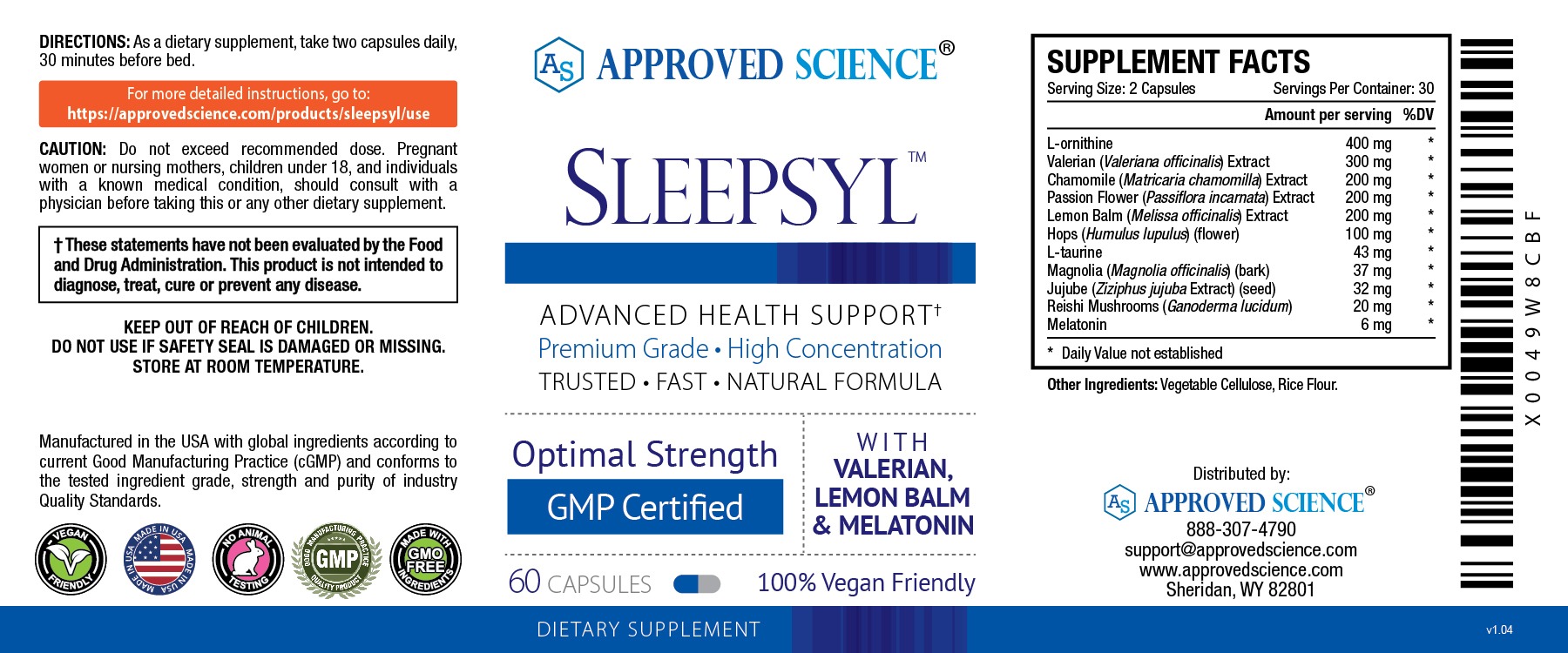 Sleepsyl sleep supplement label with valerian, lemon balm, melatonin and supplement facts for restful sleep support.