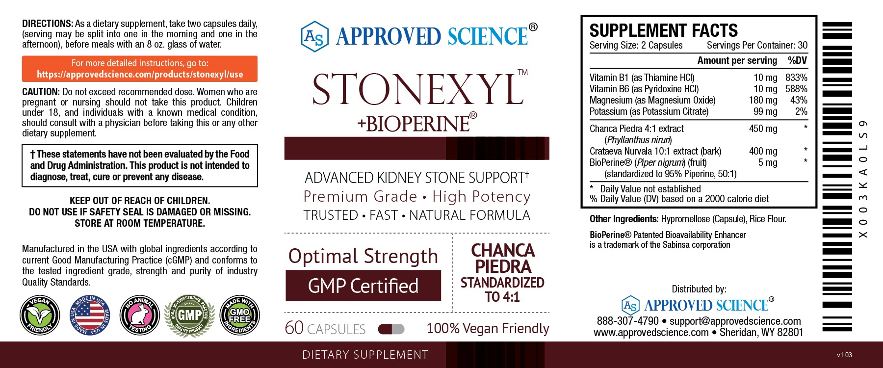Stonexyl kidney stone support supplement label with ingredients, dosage, vegan and GMP certifications.