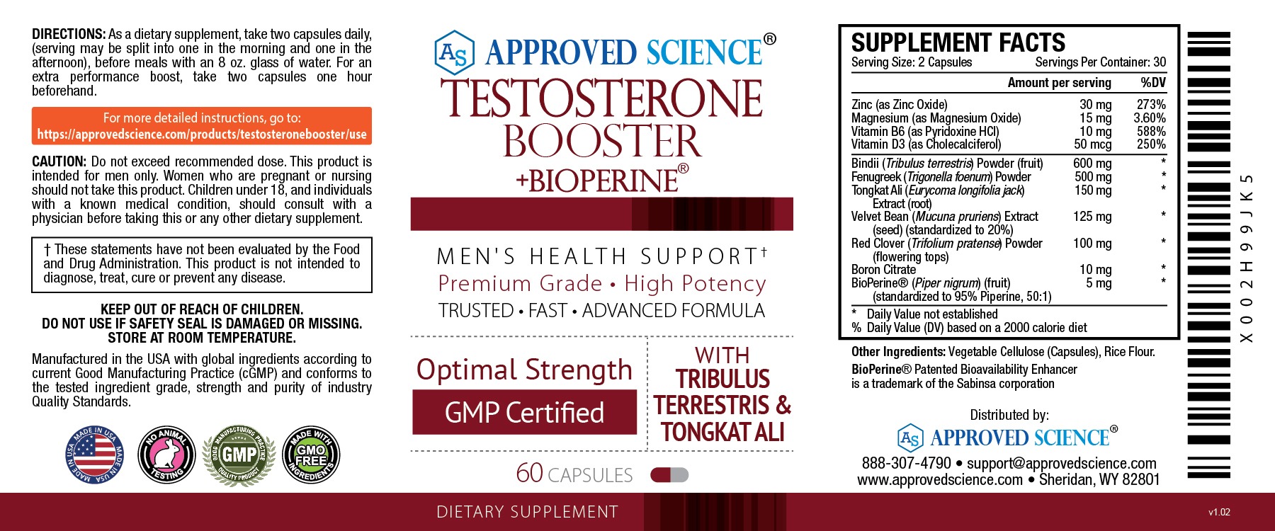 Approved Science Testosterone Booster label highlighting premium natural testosterone support ingredients, dosage, and supplement facts.