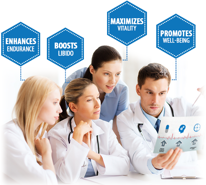 Doctors reviewing health data, with text highlighting enhanced endurance, boosted libido, maximized vitality, and well-being.