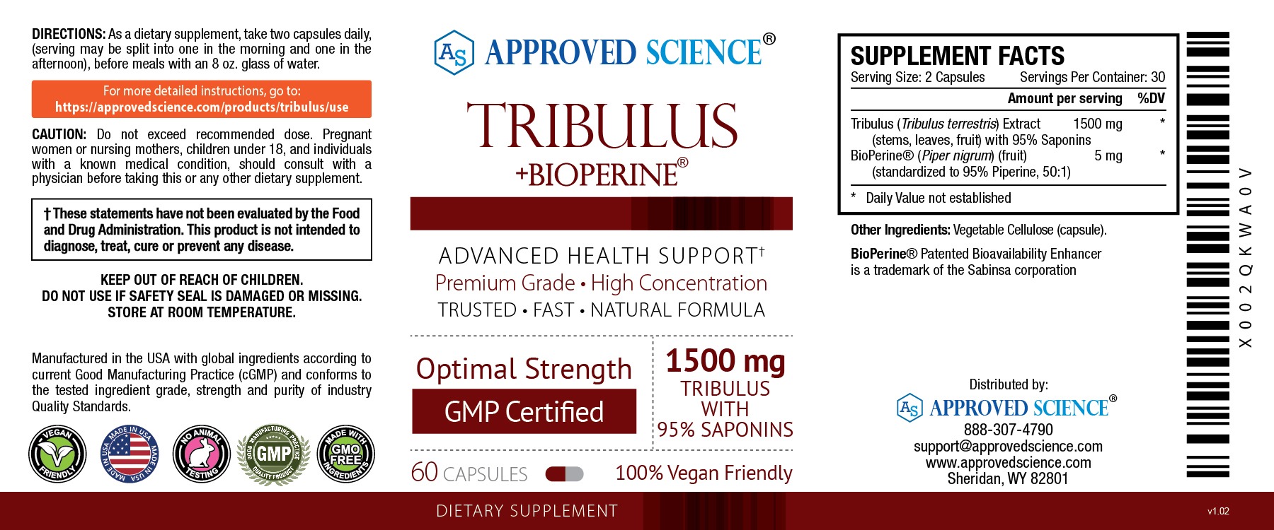 Approved Science Tribulus supplement label featuring 1500mg Tribulus terrestris with 95% saponins and BioPerine for vitality.