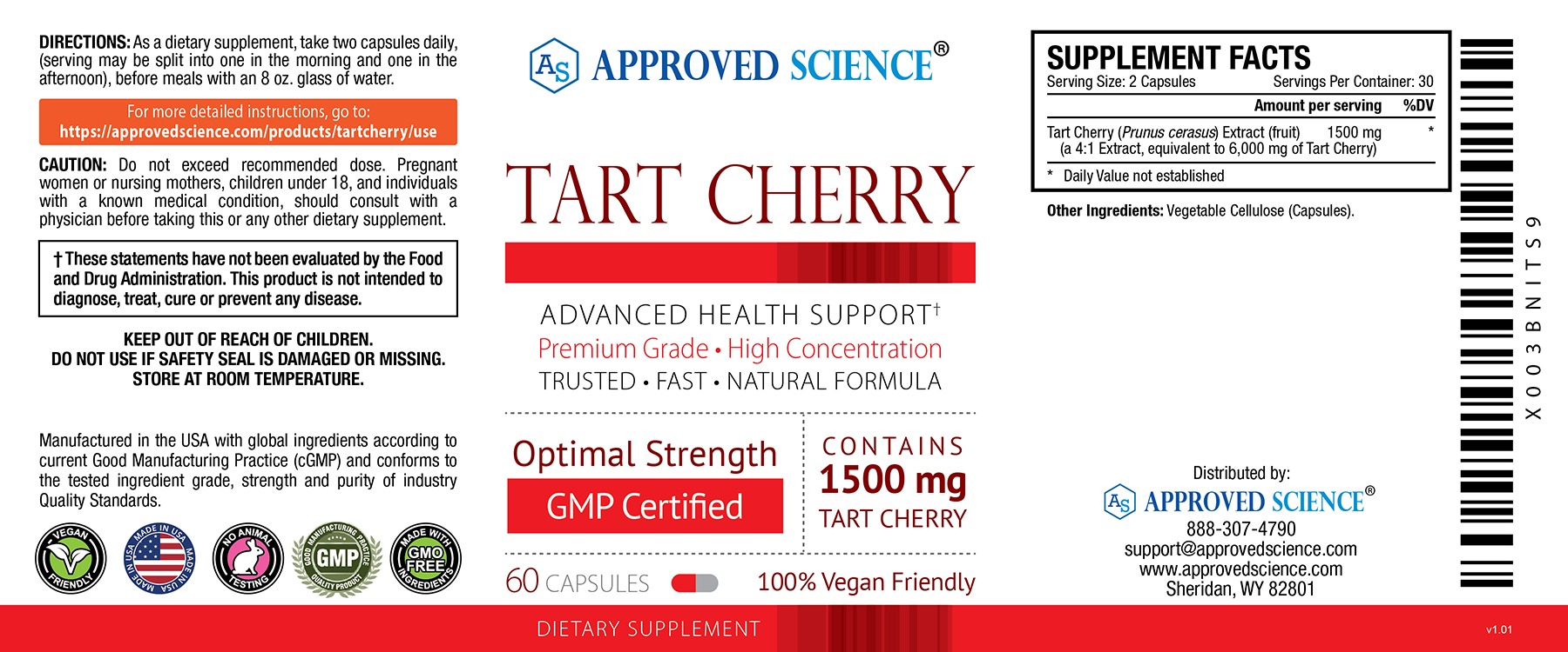 Approved Science Tart Cherry supplement label, 1500mg, advanced health support for rapid uric acid detox and defense.