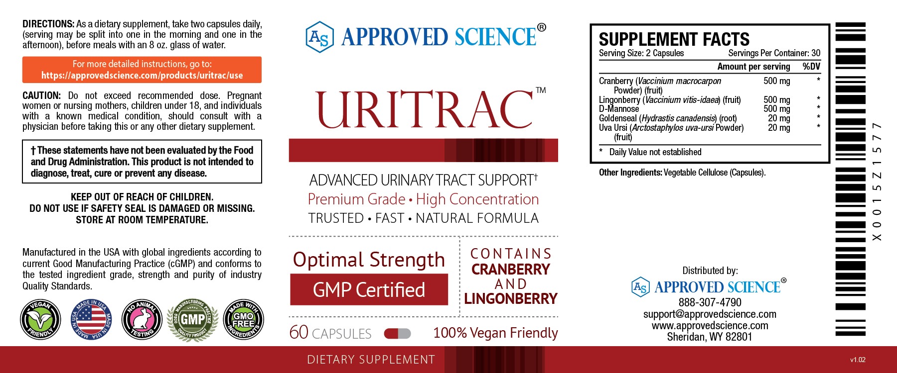 Uritrac supplement label for rapid UTI soothing relief, cranberry, lingonberry, advanced urinary tract support, vegan, GMP certified.