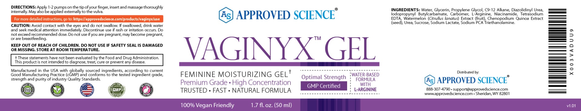 Label for Approved Science Vaginyx Gel, a water-based feminine moisturizing gel with L-Arginine for enhanced intimacy.