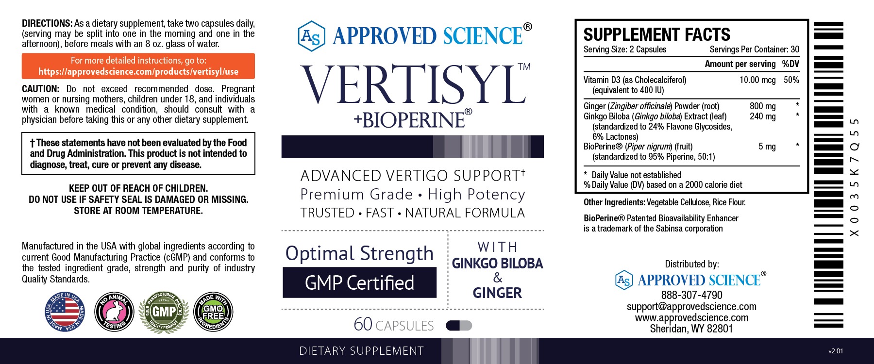 VertiSyl supplement label for vertigo relief, highlighting ginkgo biloba, ginger, BioPerine, 60 capsules, GMP certified.
