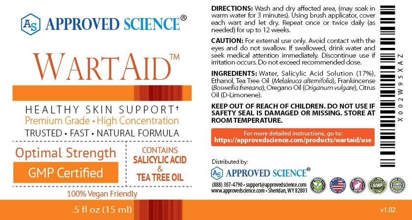 Approved Science WartAid label showing fast-acting wart removal with 17% salicylic acid and tea tree oil, usage directions included.