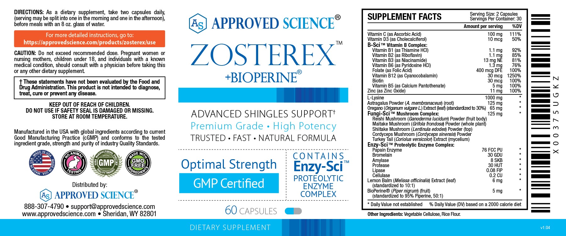 Zosterex dietary supplement label with supplement facts, dosage instructions, and advanced shingles relief support claims.