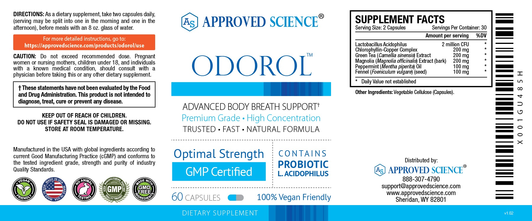 Odorol supplement label detailing probiotic ingredients, directions, and benefits for body and breath odor support.